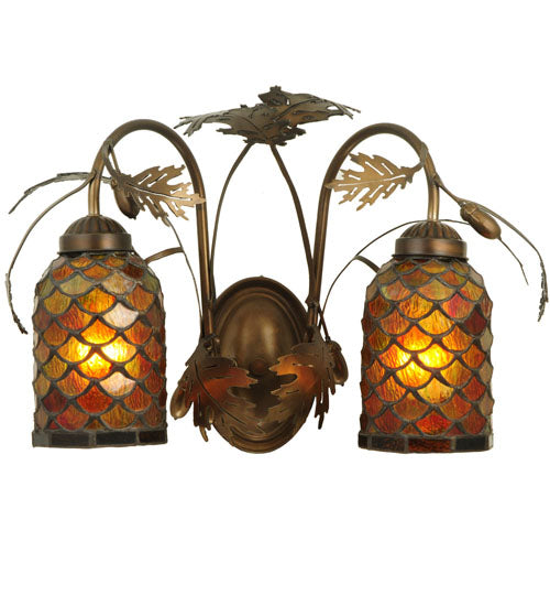 Meyda Lighting Greenbriar Oak 18" 2-Light Antique Copper Scallop Wall Sconce With Multi-Colored Shade Glass