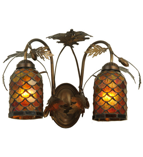 Meyda Lighting Greenbriar Oak 18" 2-Light Antique Copper Scallop Wall Sconce With Multi-Colored Shade Glass