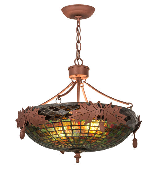 Meyda Lighting Greenbriar Oak 20" 2-Light Rust Inverted Pendant Light With Bark Brown & Autumn Green Art Shade Glass