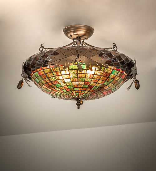 Meyda Lighting Greenbriar Oak 21" 2-Light Antique Copper Semi-flush Mount Light With Multi-Colored Shade Glass