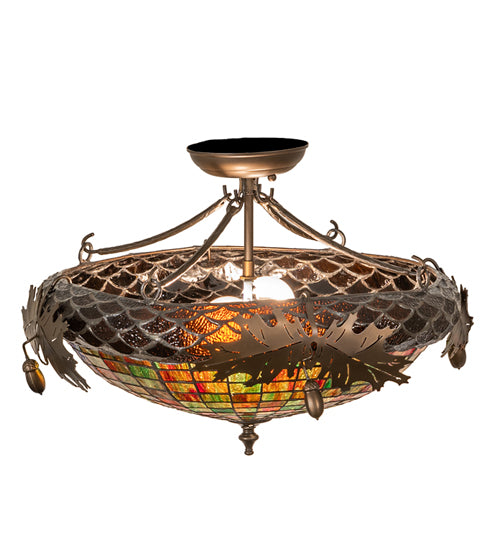Meyda Lighting Greenbriar Oak 21" 2-Light Antique Copper Semi-flush Mount Light With Multi-Colored Shade Glass