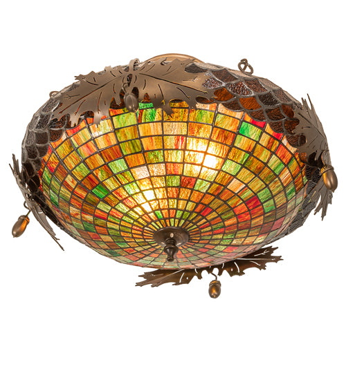 Meyda Lighting Greenbriar Oak 21" 2-Light Antique Copper Semi-flush Mount Light With Multi-Colored Shade Glass