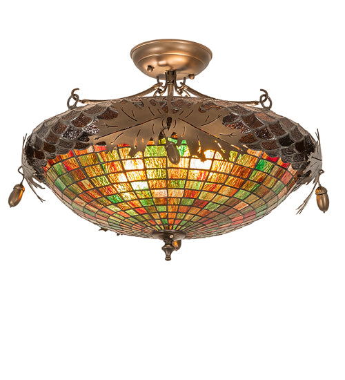 Meyda Lighting Greenbriar Oak 21" 2-Light Antique Copper Semi-flush Mount Light With Multi-Colored Shade Glass