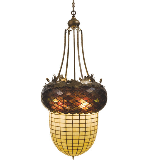 Meyda Lighting Greenbriar Oak 22" 3-Light Antique Copper Inverted Pendant Light With Beige & Brown Shade Glass