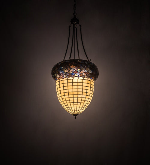 Meyda Lighting Greenbriar Oak 22" 3-Light Dark Burnished Antique Copper Inverted Pendant Light With Brown & Beige Shade Glass