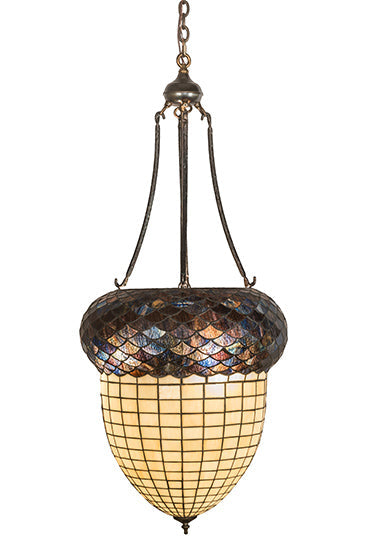 Meyda Lighting Greenbriar Oak 22" 3-Light Dark Burnished Antique Copper Inverted Pendant Light With Brown & Beige Shade Glass
