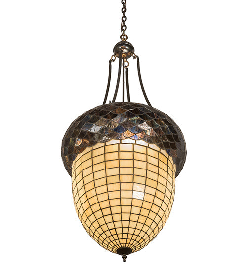 Meyda Lighting Greenbriar Oak 22" 3-Light Dark Burnished Antique Copper Inverted Pendant Light With Brown & Beige Shade Glass