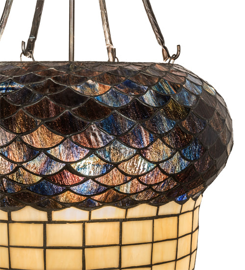 Meyda Lighting Greenbriar Oak 22" 3-Light Dark Burnished Antique Copper Inverted Pendant Light With Brown & Beige Shade Glass
