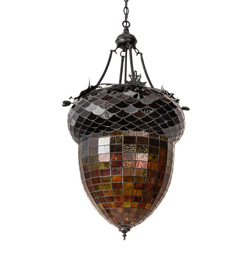 Meyda Lighting Greenbriar Oak 22" 3-Light Textured Black Inverted Pendant Light With Multi-Colored Shade Glass