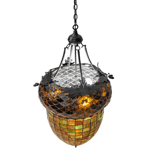 Meyda Lighting Greenbriar Oak 22" 3-Light Textured Black Inverted Pendant Light With Multi-Colored Shade Glass