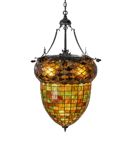 Meyda Lighting Greenbriar Oak 22" 3-Light Textured Black Inverted Pendant Light With Multi-Colored Shade Glass