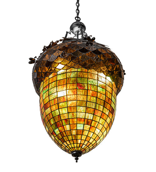 Meyda Lighting Greenbriar Oak 22" 3-Light Textured Black Inverted Pendant Light With Multi-Colored Shade Glass