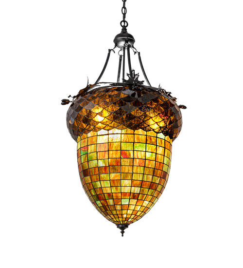 Meyda Lighting Greenbriar Oak 22" 3-Light Textured Black Inverted Pendant Light With Multi-Colored Shade Glass