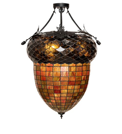 Meyda Lighting Greenbriar Oak 22" 3-Light Textured Black Semi-flush Mount Light With Multi-Colored Shade Glass