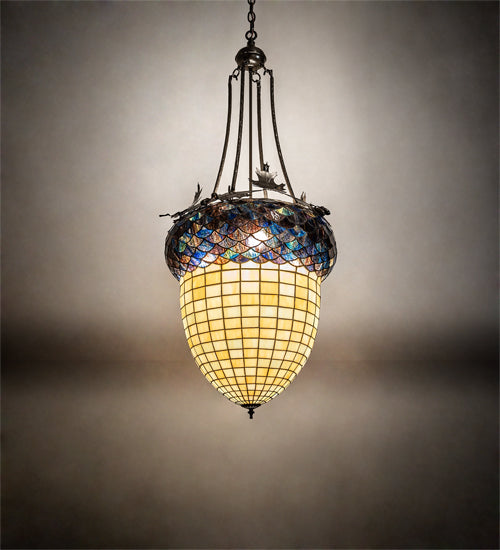 Meyda Lighting Greenbriar Oak 22" 3-Light Timeless Bronze Inverted Pendant Light With Multi-Colored Stained Shade Glass