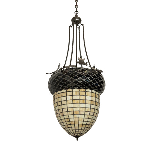 Meyda Lighting Greenbriar Oak 22" 3-Light Timeless Bronze Inverted Pendant Light With Multi-Colored Stained Shade Glass
