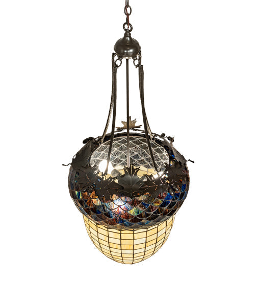 Meyda Lighting Greenbriar Oak 22" 3-Light Timeless Bronze Inverted Pendant Light With Multi-Colored Stained Shade Glass