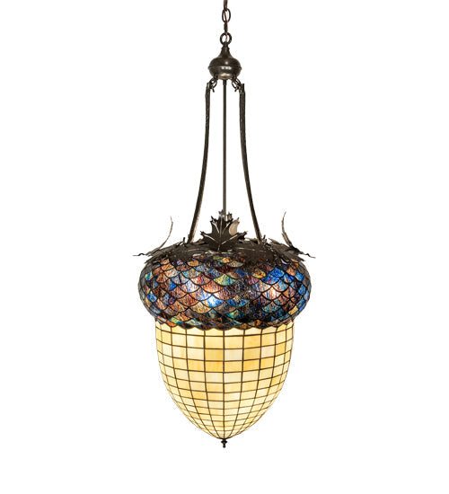 Meyda Lighting Greenbriar Oak 22" 3-Light Timeless Bronze Inverted Pendant Light With Multi-Colored Stained Shade Glass