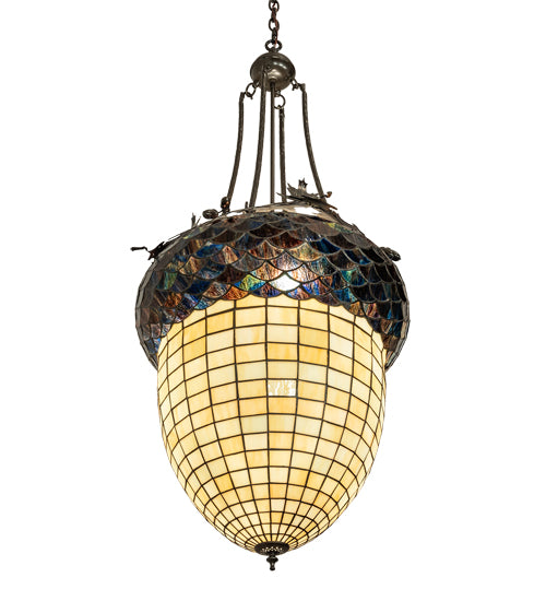 Meyda Lighting Greenbriar Oak 22" 3-Light Timeless Bronze Inverted Pendant Light With Multi-Colored Stained Shade Glass