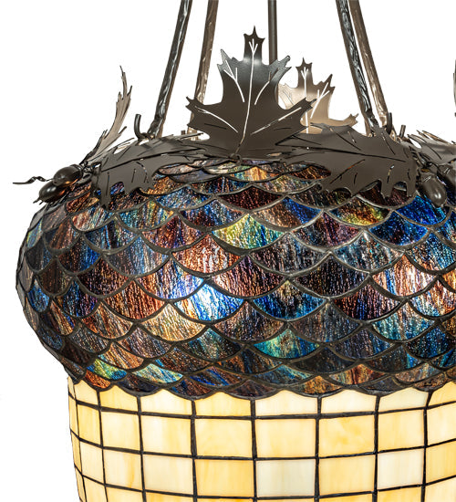 Meyda Lighting Greenbriar Oak 22" 3-Light Timeless Bronze Inverted Pendant Light With Multi-Colored Stained Shade Glass