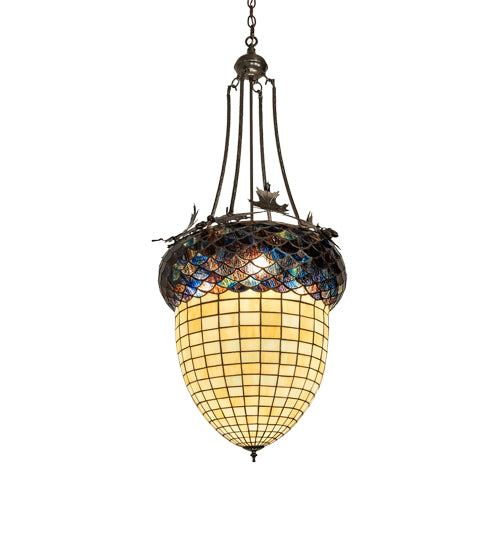 Meyda Lighting Greenbriar Oak 22" 3-Light Timeless Bronze Inverted Pendant Light With Multi-Colored Stained Shade Glass