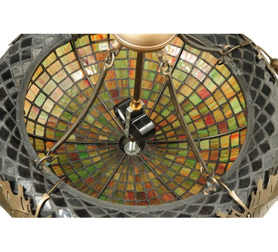 Meyda Lighting Greenbriar Oak 23" 2-Light Antique Copper Inverted Pendant Light With Multi-Colored Stained Shade Glass