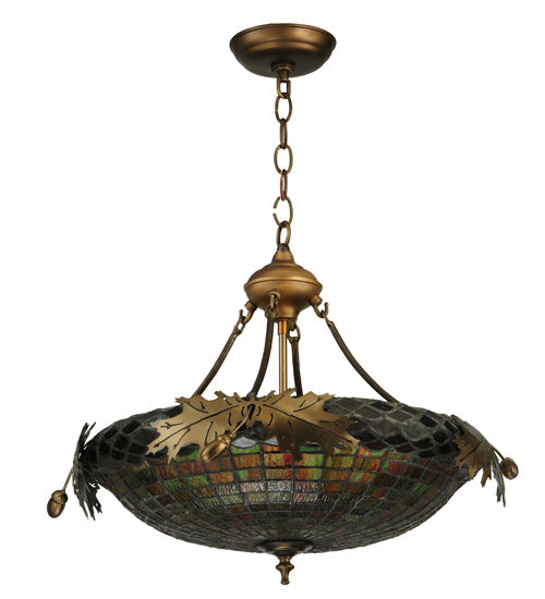 Meyda Lighting Greenbriar Oak 23" 2-Light Antique Copper Inverted Pendant Light With Multi-Colored Stained Shade Glass