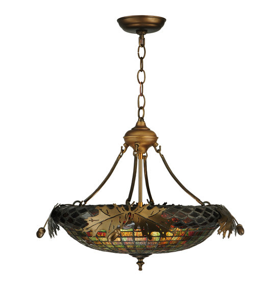 Meyda Lighting Greenbriar Oak 23" 2-Light Antique Copper Inverted Pendant Light With Multi-Colored Stained Shade Glass