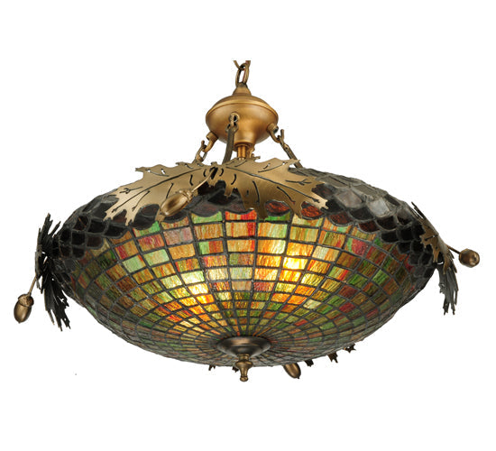 Meyda Lighting Greenbriar Oak 23" 2-Light Antique Copper Inverted Pendant Light With Multi-Colored Stained Shade Glass