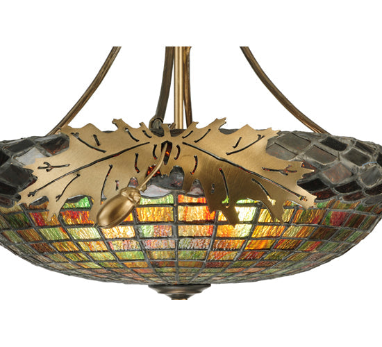 Meyda Lighting Greenbriar Oak 23" 2-Light Antique Copper Inverted Pendant Light With Multi-Colored Stained Shade Glass
