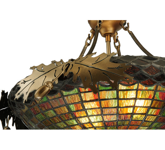 Meyda Lighting Greenbriar Oak 23" 2-Light Antique Copper Inverted Pendant Light With Multi-Colored Stained Shade Glass