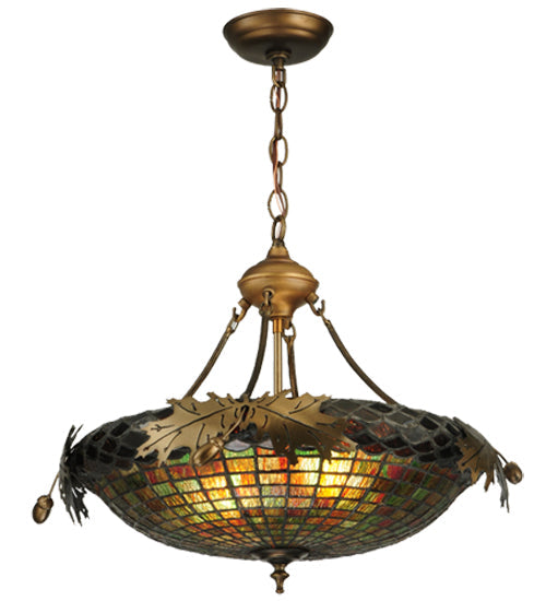Meyda Lighting Greenbriar Oak 23" 2-Light Antique Copper Inverted Pendant Light With Multi-Colored Stained Shade Glass