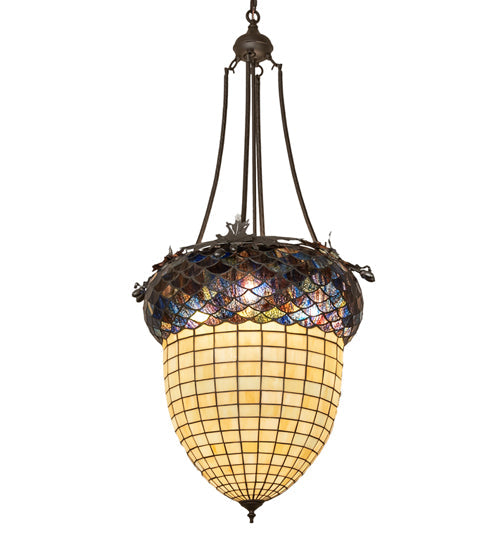 Meyda Lighting Greenbriar Oak 24" 3-Light Oil Rubbed Bronze Inverted Pendant Light With Multi-Colored Shade Glass