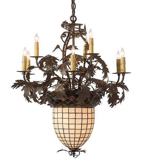Meyda Lighting Greenbriar Oak 28" 11-Light 9-Arm Tyler Bronze Chandelier With Autumn Beige & Bark Brown Shade Glass