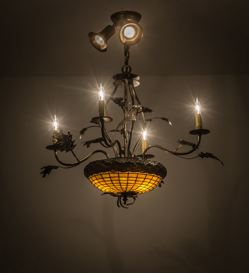 Meyda Lighting Greenbriar Oak 30" 9-Light Dark Burnished Antique Copper Chandelier With Brown & Beige Shade Glass
