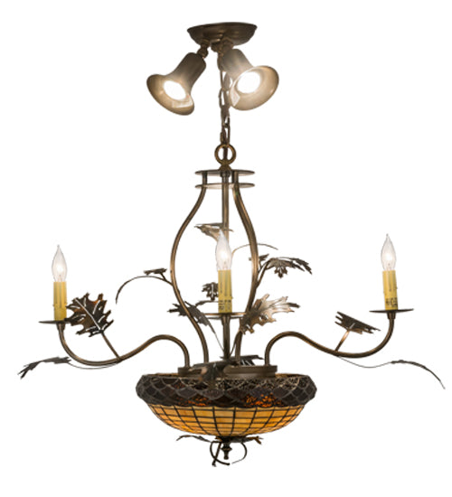 Meyda Lighting Greenbriar Oak 30" 9-Light Dark Burnished Antique Copper Chandelier With Brown & Beige Shade Glass