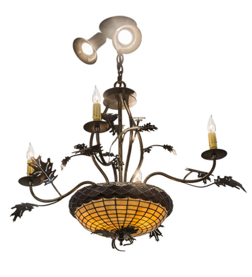 Meyda Lighting Greenbriar Oak 30" 9-Light Dark Burnished Antique Copper Chandelier With Brown & Beige Shade Glass