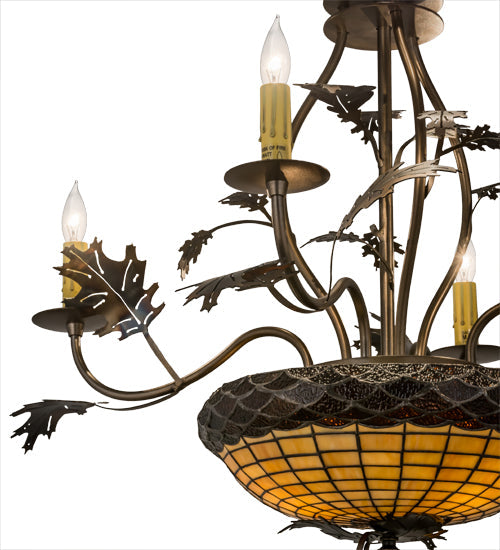 Meyda Lighting Greenbriar Oak 30" 9-Light Dark Burnished Antique Copper Chandelier With Brown & Beige Shade Glass