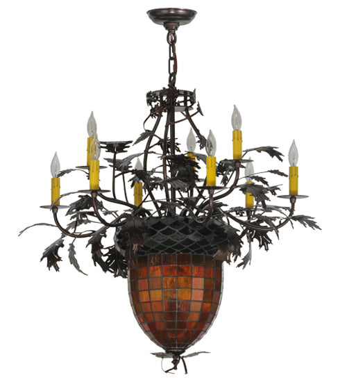Meyda Lighting Greenbriar Oak 32" 11-Light Copper Vein Chandelier With Multi-Colored Shade Glass