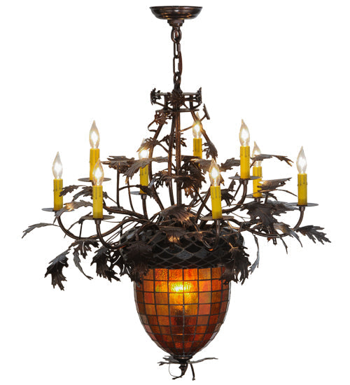 Meyda Lighting Greenbriar Oak 32" 11-Light Copper Vein Chandelier With Multi-Colored Shade Glass