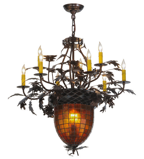 Meyda Lighting Greenbriar Oak 32" 11-Light Copper Vein Chandelier With Multi-Colored Shade Glass