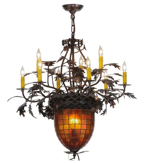 Meyda Lighting Greenbriar Oak 32" 11-Light Copper Vein Chandelier With Multi-Colored Shade Glass
