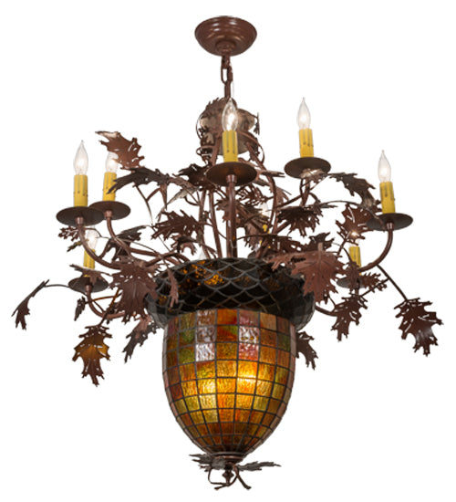 Meyda Lighting Greenbriar Oak 34" 11-Light Rust Chandelier With Autumn Green & Bark Brown Shade Glass
