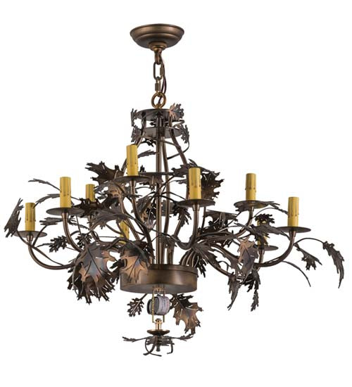 Meyda Lighting Greenbriar Oak 34" 9-Light 9-Arm Dark Burnished Antique Copper Chandelier With Autumn Beige Art & Bark Brown Shade Glass