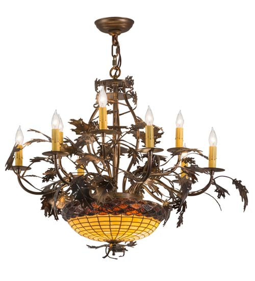 Meyda Lighting Greenbriar Oak 34" 9-Light 9-Arm Dark Burnished Antique Copper Chandelier With Autumn Beige Art & Bark Brown Shade Glass