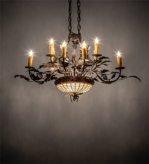 Meyda Lighting Greenbriar Oak 36" 13-Light Old Copper Pot Chandelier With Beige & Brown Stained Shade Glass