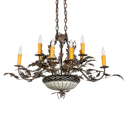 Meyda Lighting Greenbriar Oak 36" 13-Light Old Copper Pot Chandelier With Beige & Brown Stained Shade Glass