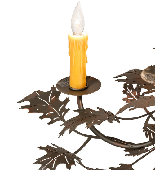 Meyda Lighting Greenbriar Oak 36" 13-Light Old Copper Pot Chandelier With Beige & Brown Stained Shade Glass