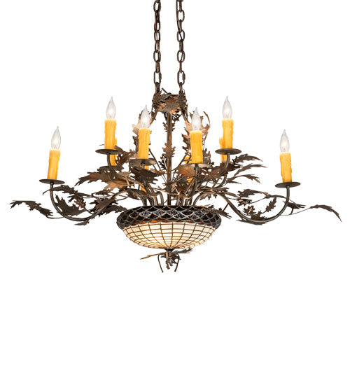 Meyda Lighting Greenbriar Oak 36" 13-Light Old Copper Pot Chandelier With Beige & Brown Stained Shade Glass