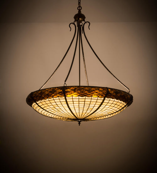Meyda Lighting Greenbriar Oak 36" 6-Light Antique Copper Inverted Pendant Light With Bark Brown & Beige Shade Glass